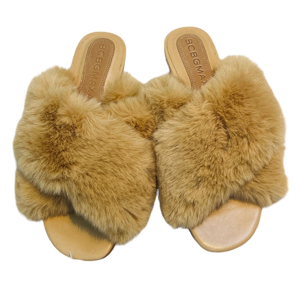 BCBGMAXAZRIA Tan Fur Thea Slide Slipper Sandal 8.5 NEW Leather Cute NWOT
